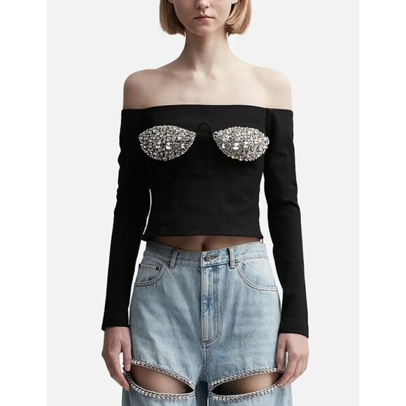 AREA Off Shoulder Crystal Cup Bustier Top in Black Small New Womens Long Sleeve - Picture 1 of 16